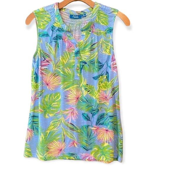 Fresh S Blue Tropical Summer Short Sleeve V-Neck Smocked Collar Tank Top - Picture 1 of 8